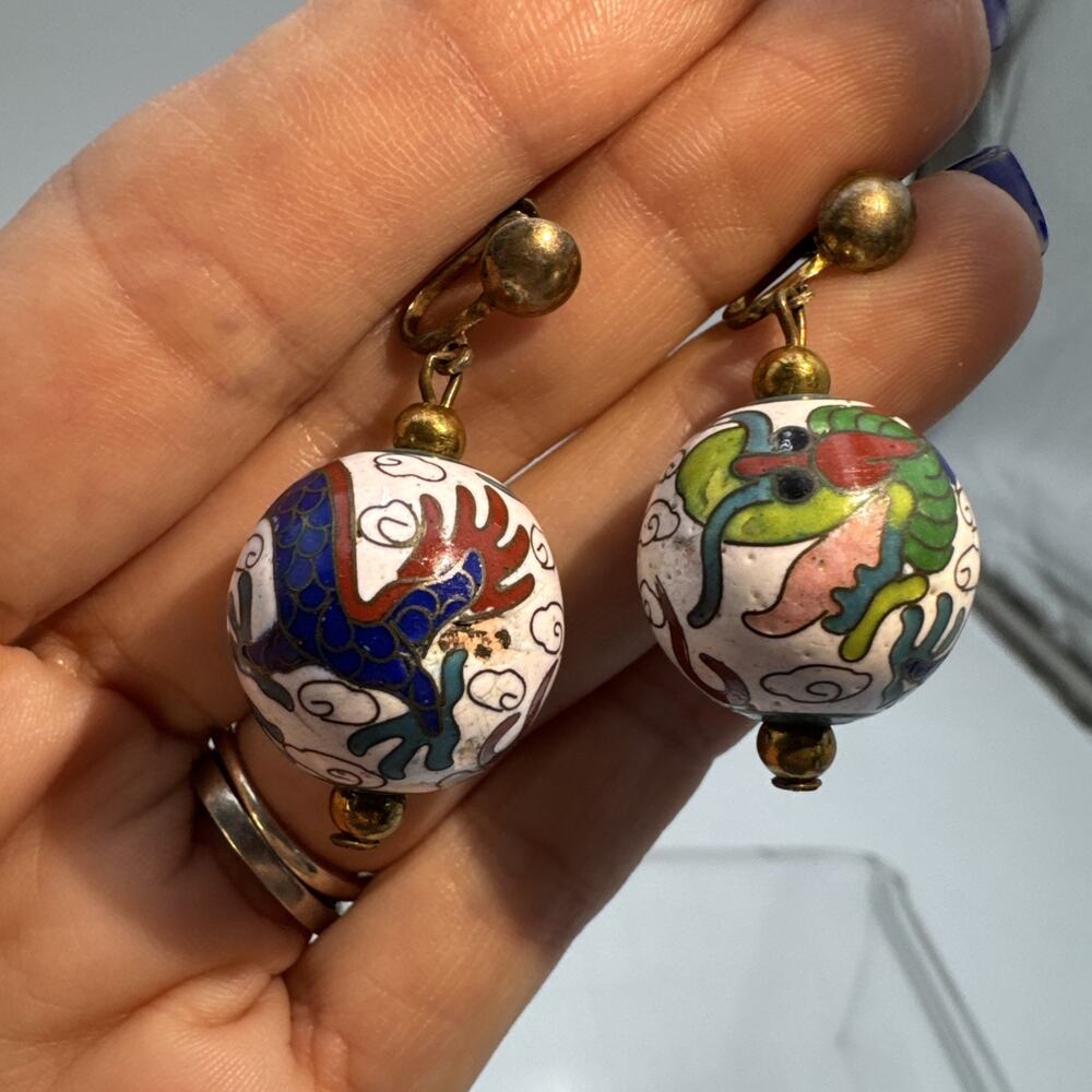 Vintage Cloisonne Enamel Dragon Design Drop Dangle Clip-On Earrings ⬇️